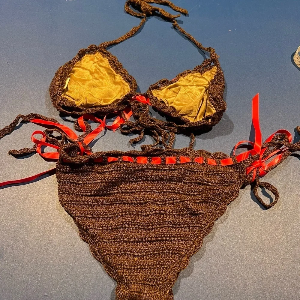 Anna Kosturova Y2K Brown Crochet Pink Ribbon Bikini Boho Hippie Beach - Picture 4 of 12